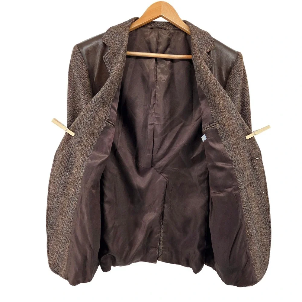 Vintage 80s‎ Union Made Tweed & Leather Sport Coat Blazer Brown Wool USA 46R